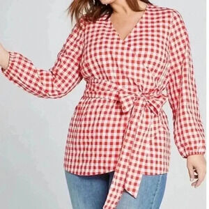 Lane Bryant Fit & Flatter Gingham Red/White V-neck Long Sleeve tie waist wrap